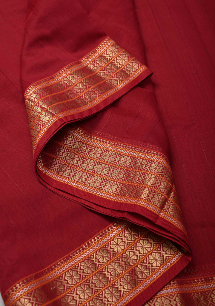 Red Handwoven Maheshwari Silk Cotton Saree with Muted Stripes and Zari Border