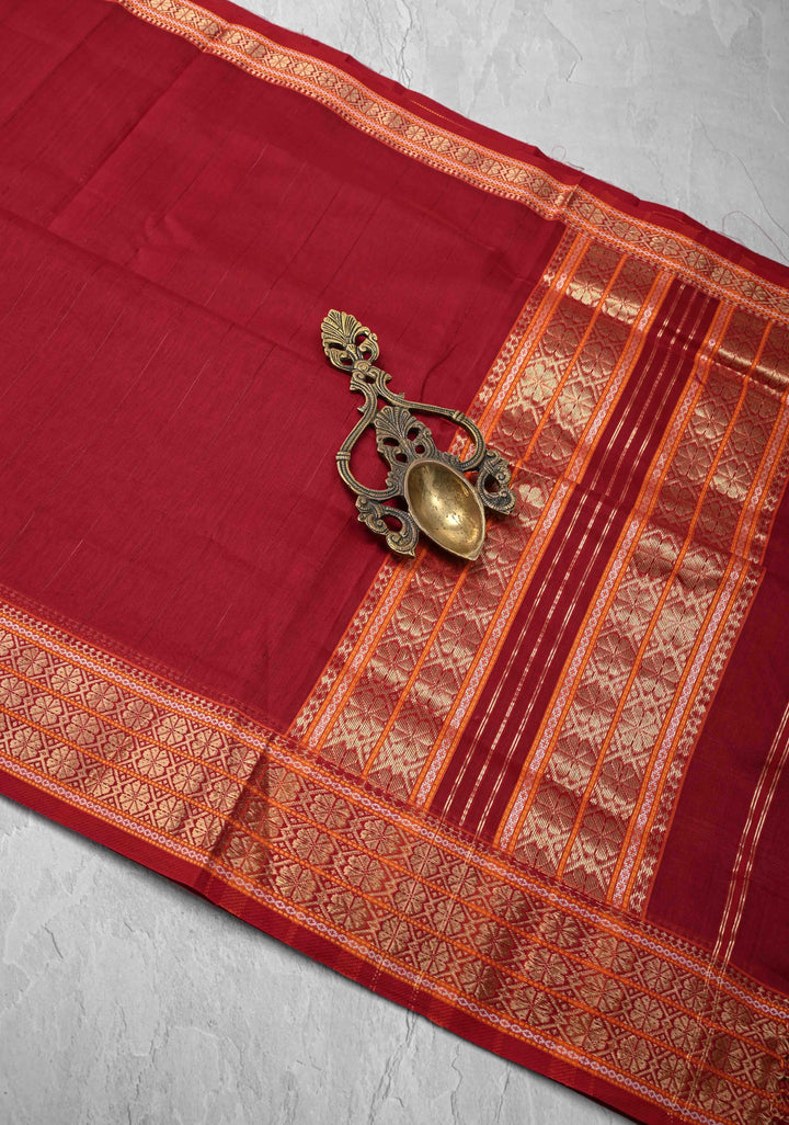 Red Handwoven Maheshwari Silk Cotton Saree with Muted Stripes and Zari Border