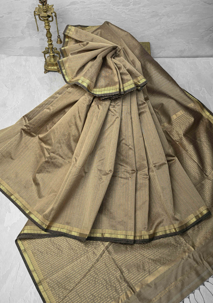 Grayish Brown Handwoven Maheshwari Silk Cotton Saree with Vertical Stripes And Minimal Zari Border