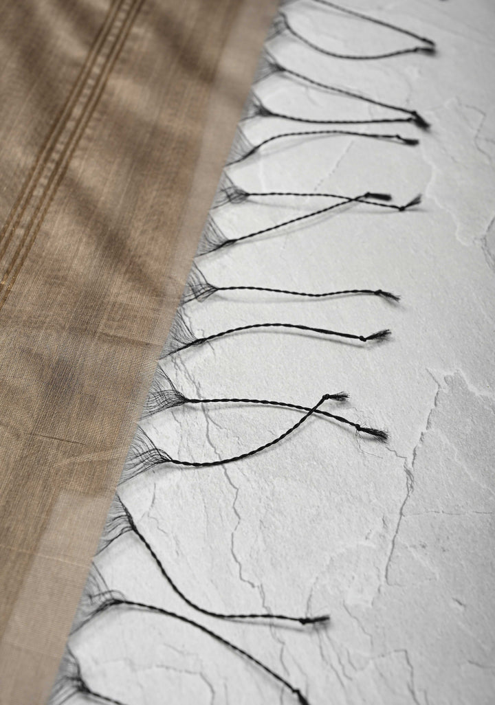 Grayish Brown Handwoven Maheshwari Silk Cotton Saree with Vertical Stripes And Minimal Zari Border