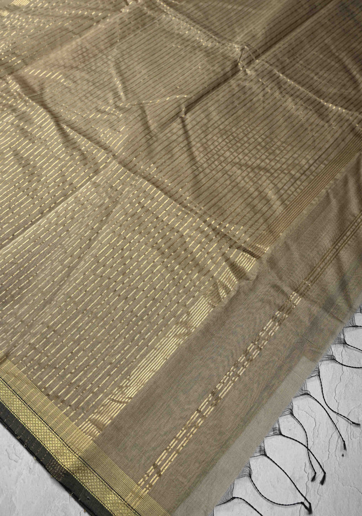 Grayish Brown Handwoven Maheshwari Silk Cotton Saree with Vertical Stripes And Minimal Zari Border