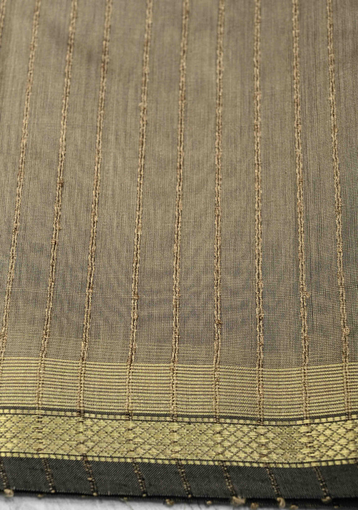 Grayish Brown Handwoven Maheshwari Silk Cotton Saree with Vertical Stripes And Minimal Zari Border