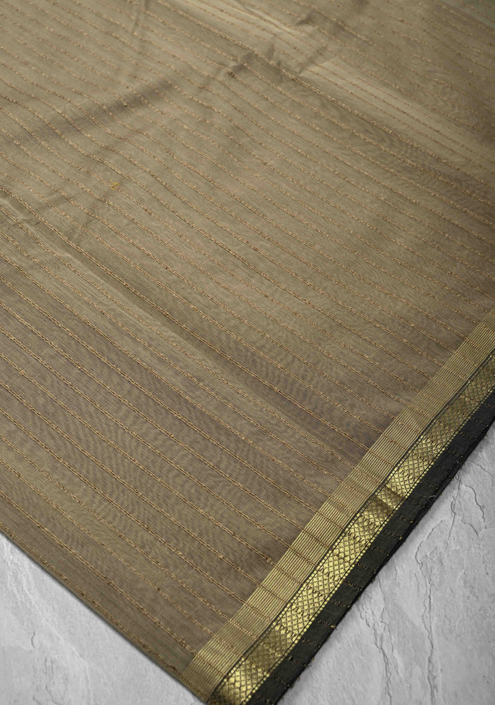 Grayish Brown Handwoven Maheshwari Silk Cotton Saree with Vertical Stripes And Minimal Zari Border