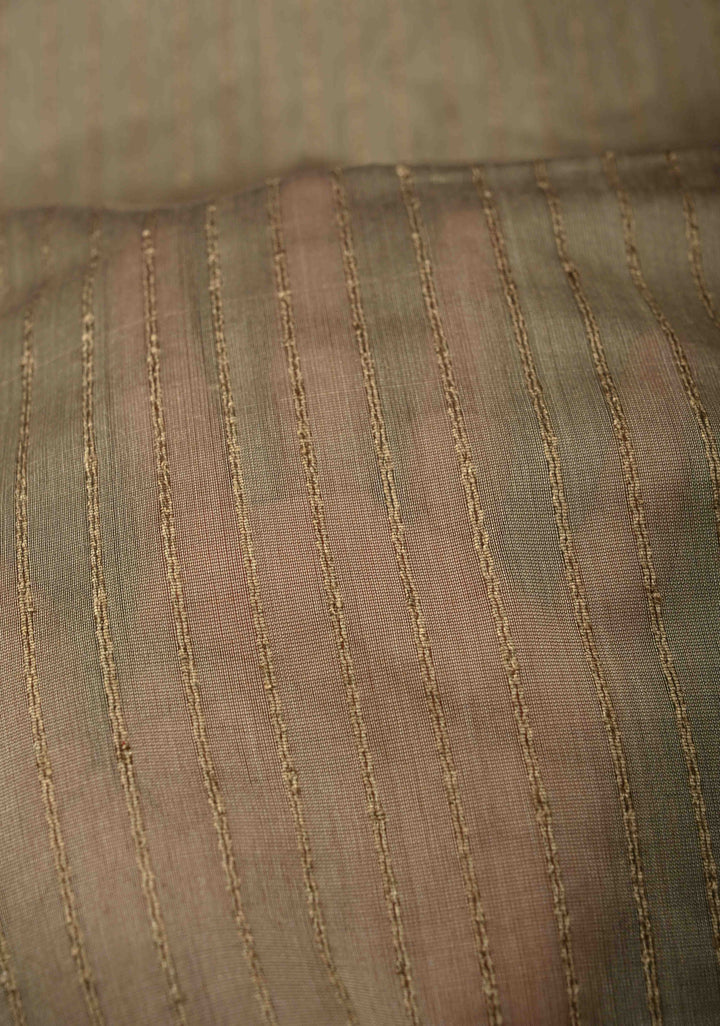 Grayish Brown Handwoven Maheshwari Silk Cotton Saree with Vertical Stripes And Minimal Zari Border