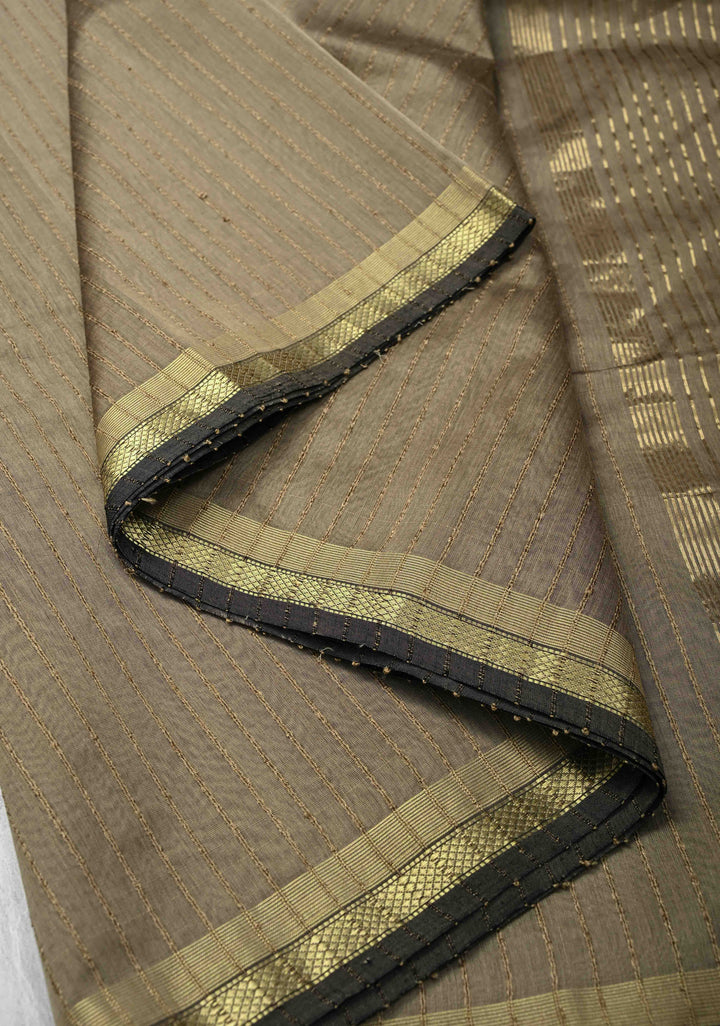 Grayish Brown Handwoven Maheshwari Silk Cotton Saree with Vertical Stripes And Minimal Zari Border