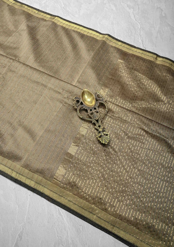 Grayish Brown Handwoven Maheshwari Silk Cotton Saree with Vertical Stripes And Minimal Zari Border