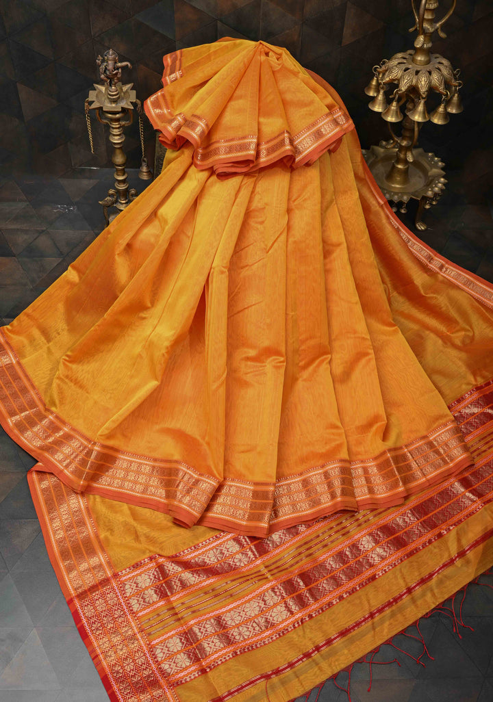 Mustard Yellow Handwoven Maheshwari Silk Cotton Saree with Muted Stripes and Zari Borders