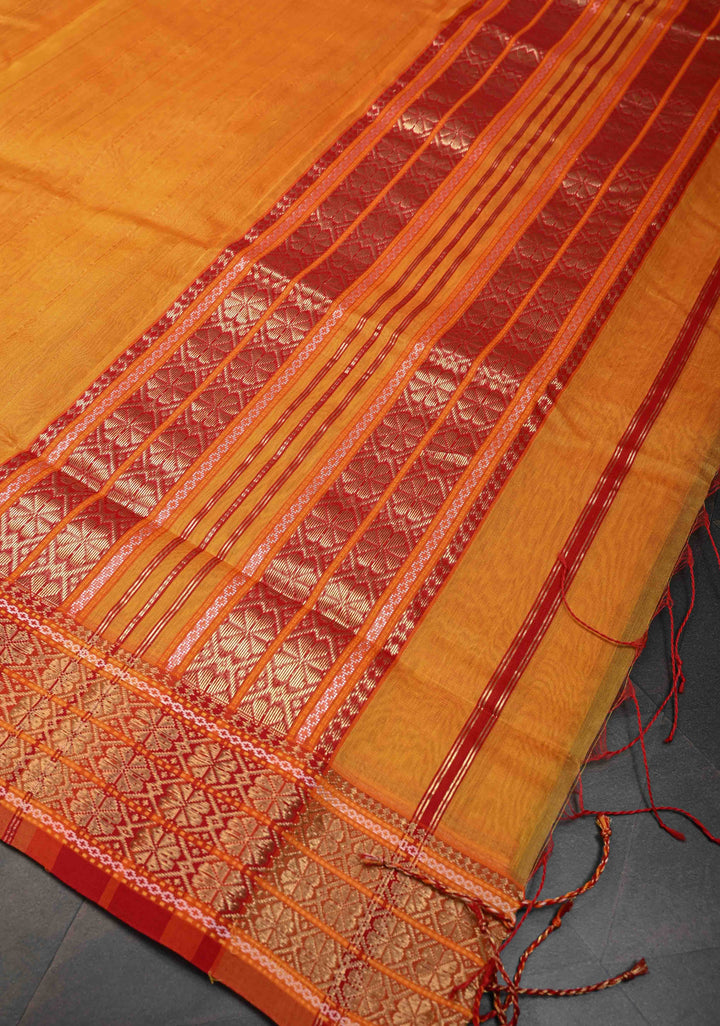 Mustard Yellow Handwoven Maheshwari Silk Cotton Saree with Muted Stripes and Zari Borders