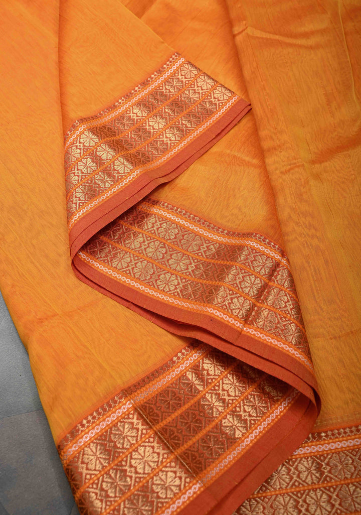 Mustard Yellow Handwoven Maheshwari Silk Cotton Saree with Muted Stripes and Zari Borders