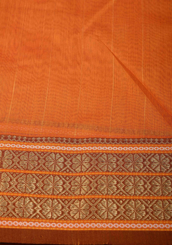 Orange Handwoven Maheshwari Silk Cotton Saree with Muted Stripes and Zari Borders
