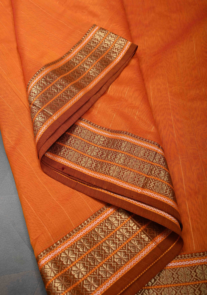 Orange Handwoven Maheshwari Silk Cotton Saree with Muted Stripes and Zari Borders