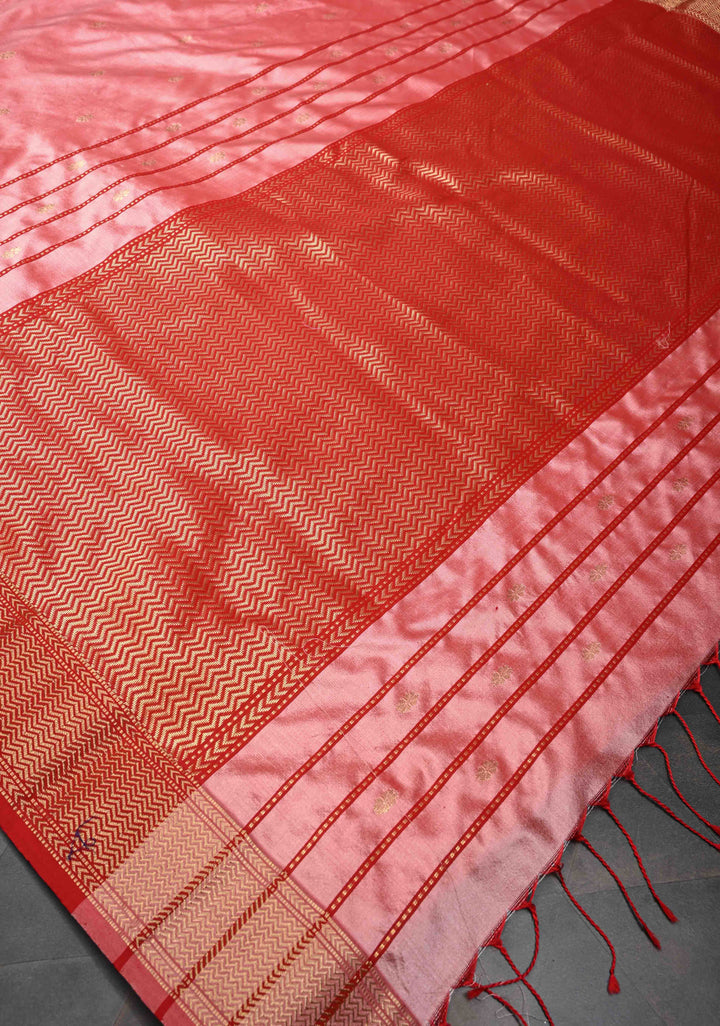 Peach Maheshwari Pure Silk Saree with Chunri Buttis and Zari Border | SILK MARK CERTIFIED