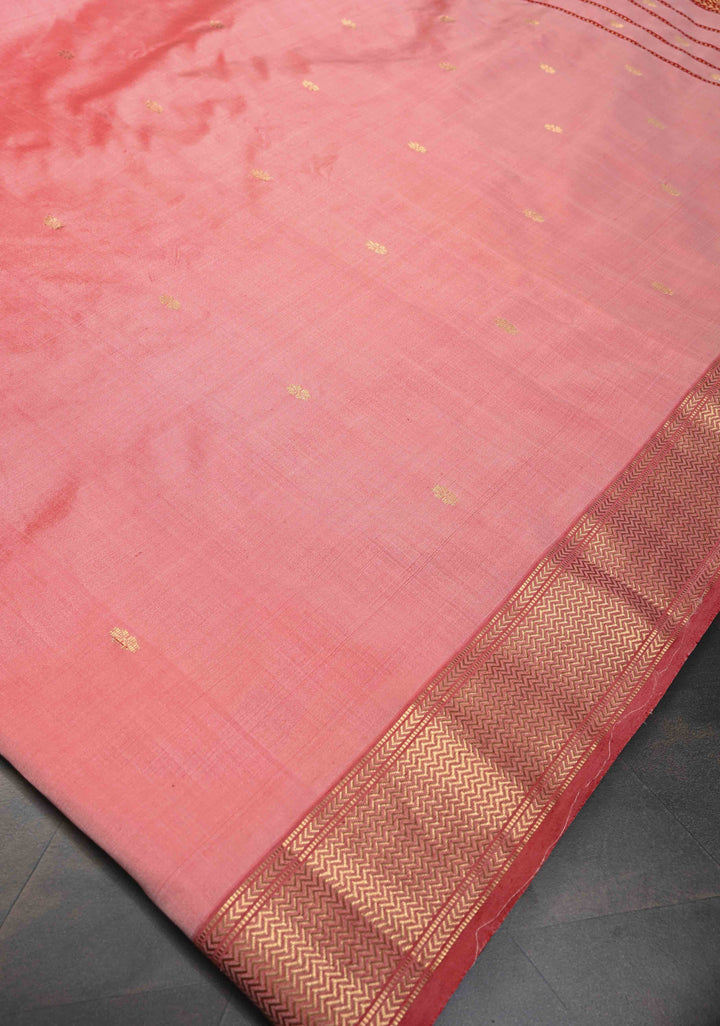 Peach Maheshwari Pure Silk Saree with Chunri Buttis and Zari Border | SILK MARK CERTIFIED