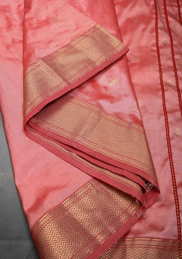 Peach Maheshwari Pure Silk Saree with Chunri Buttis and Zari Border | SILK MARK CERTIFIED