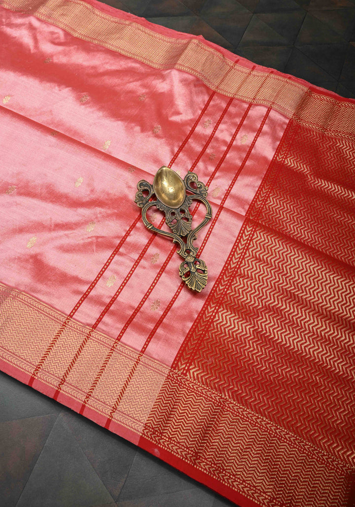 Peach Maheshwari Pure Silk Saree with Chunri Buttis and Zari Border | SILK MARK CERTIFIED