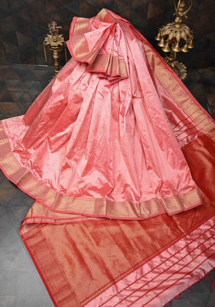 Peach Maheshwari Pure Silk Saree with Chunri Buttis and Zari Border | SILK MARK CERTIFIED