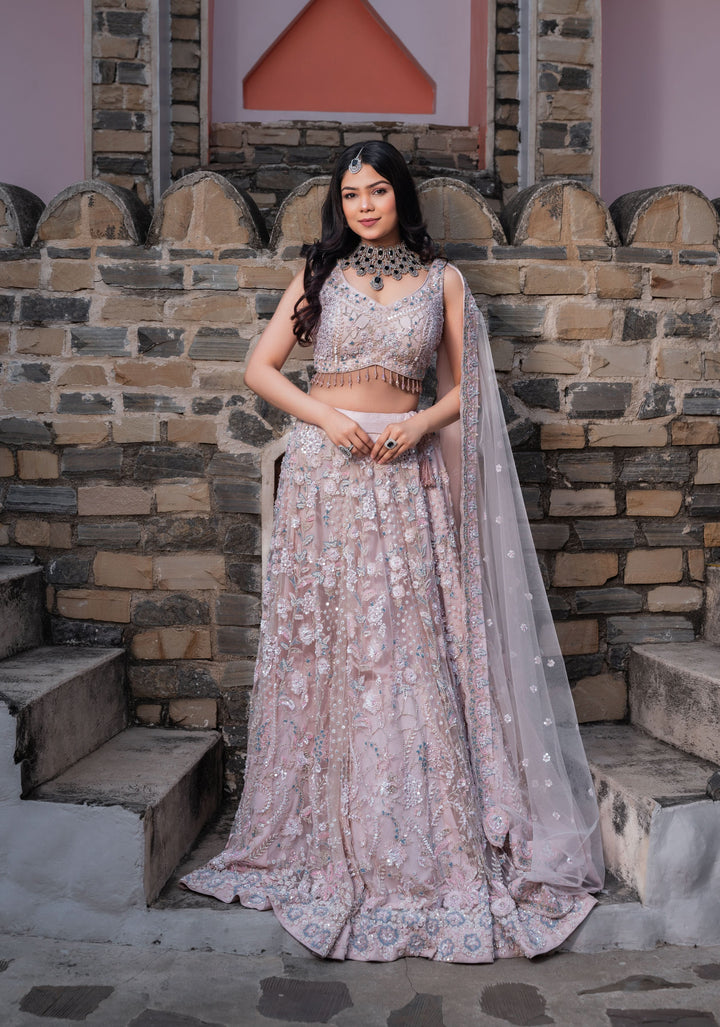 Gorgeous Dusty Pink Hand Embellished 3 Piece Lehenga Set with Cancan, Customizable, Made to Order