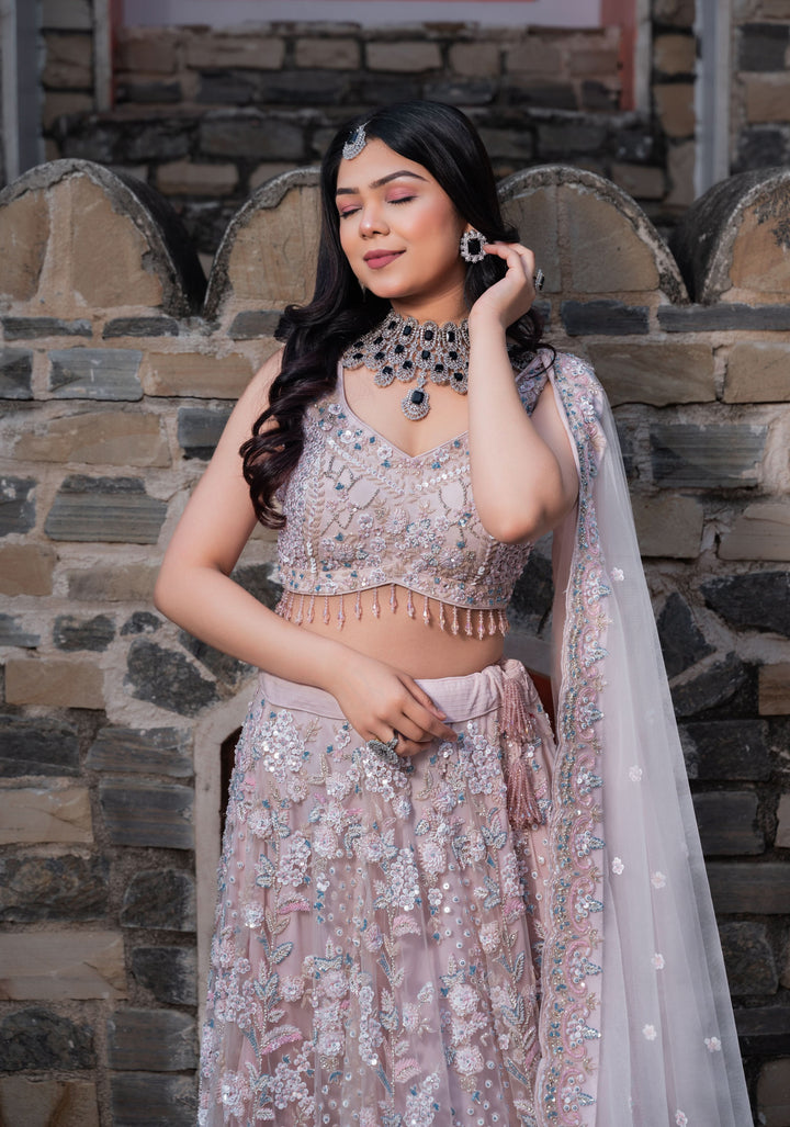 Gorgeous Dusty Pink Hand Embellished 3 Piece Lehenga Set with Cancan, Customizable, Made to Order