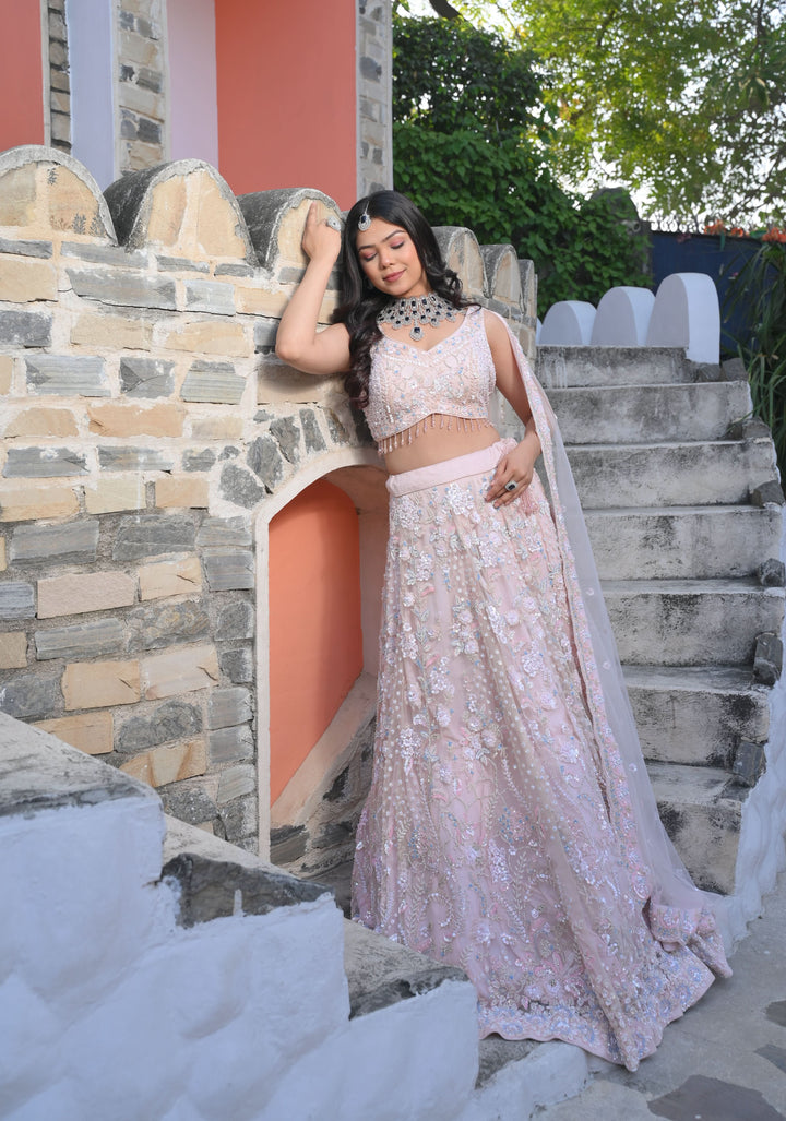 Gorgeous Dusty Pink Hand Embellished 3 Piece Lehenga Set with Cancan, Customizable, Made to Order