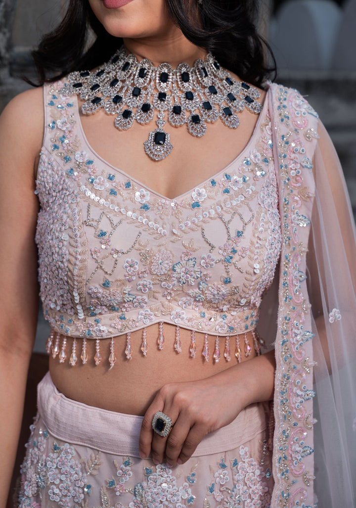 Gorgeous Dusty Pink Hand Embellished 3 Piece Lehenga Set with Cancan, Customizable, Made to Order