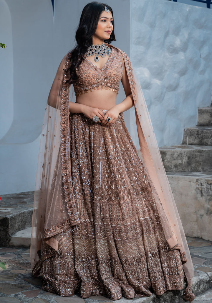 Golden Goddess Chikoo Color Wedding Lehenga with Handwork embellishments on net, Customizable, Made to Order