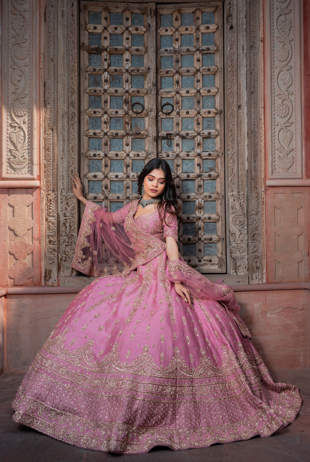 Exclusive Palatial Pink Zardozi Lehenga in Raw Silk,  Customizable, Made to Order