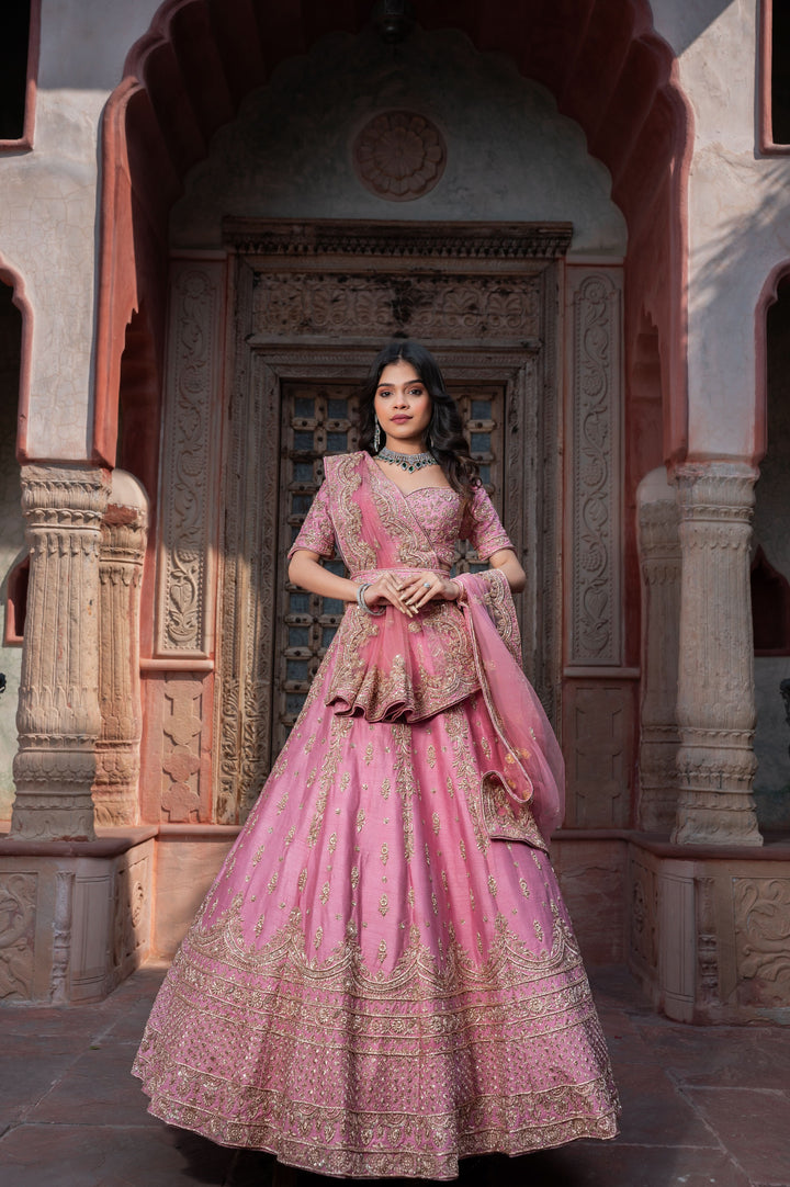 Exclusive Palatial Pink Zardozi Lehenga in Raw Silk,  Customizable, Made to Order