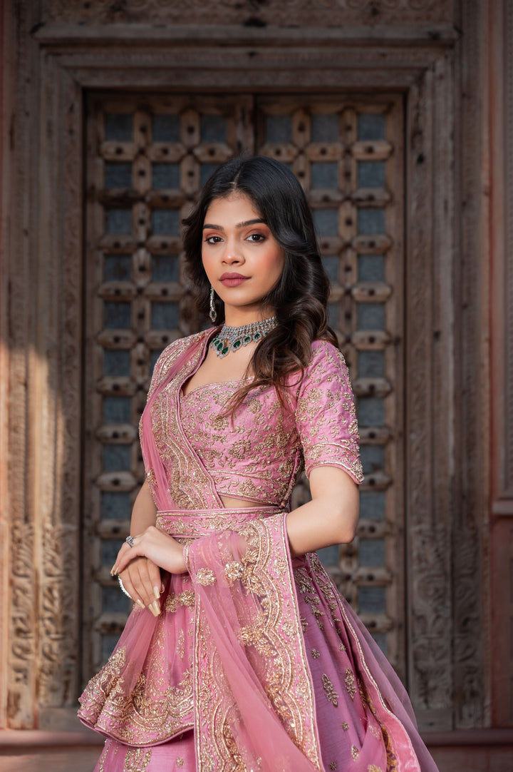 Exclusive Palatial Pink Zardozi Lehenga in Raw Silk,  Customizable, Made to Order