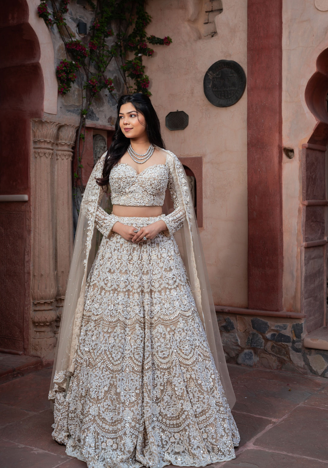 Decadent Ivory Lehenga with pearls and hand-embroidery in Net, Customizable, Made to Order