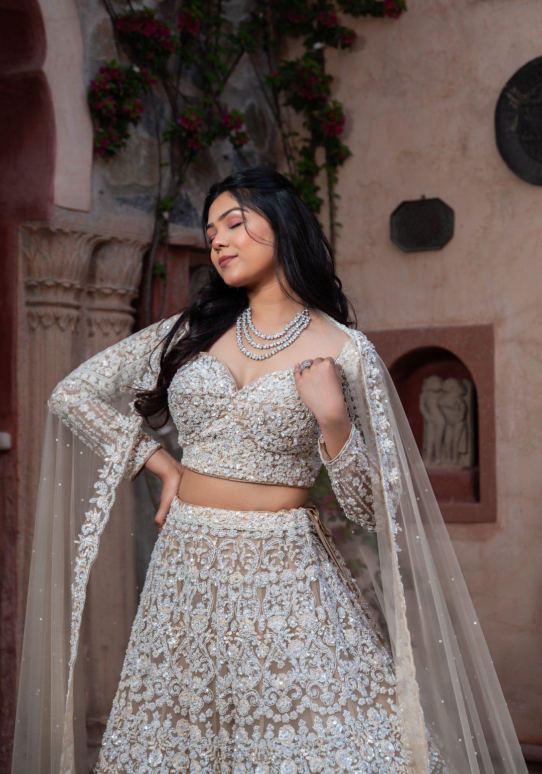 Decadent Ivory Lehenga with pearls and hand-embroidery in Net, Customizable, Made to Order