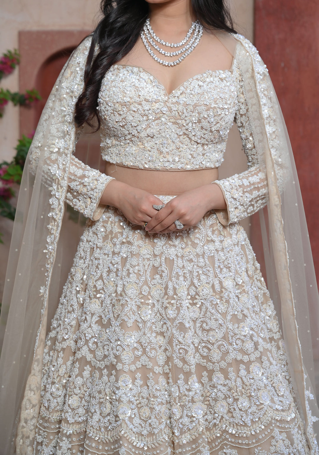 Decadent Ivory Lehenga with pearls and hand-embroidery in Net, Customizable, Made to Order