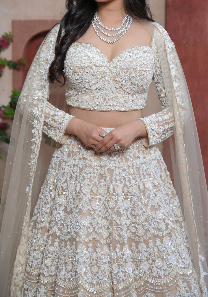 Decadent Ivory Lehenga with pearls and hand-embroidery in Net, Customizable, Made to Order