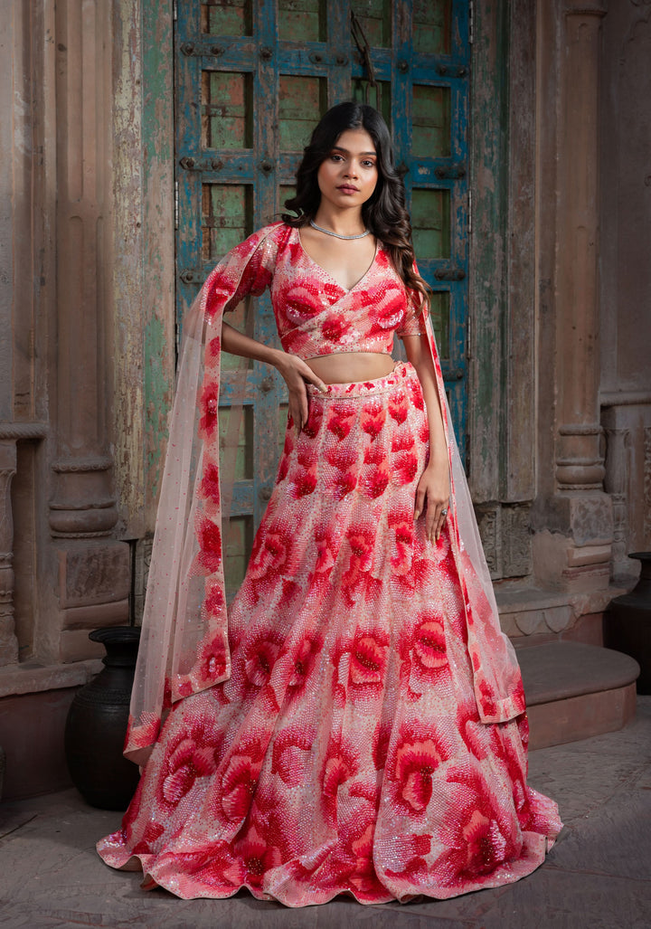 Flower Power Dazzling Lehenga with hand-embroidery in net, Customizable, Made to Order