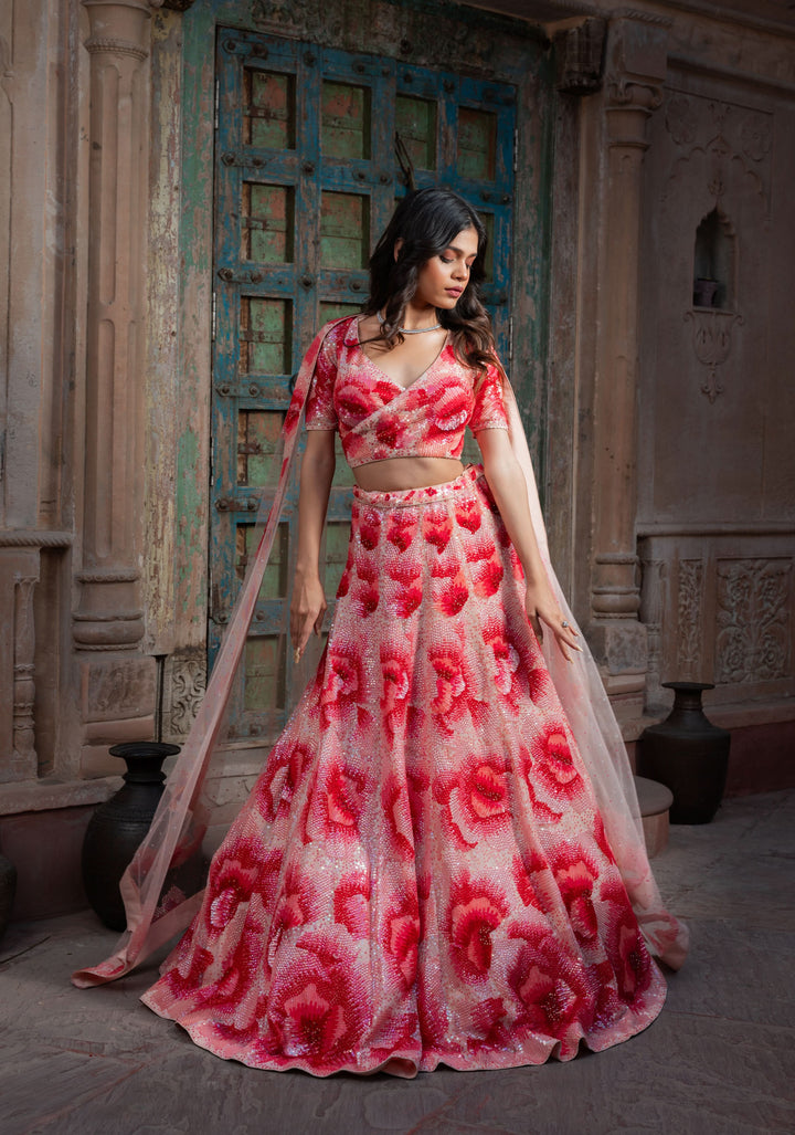 Flower Power Dazzling Lehenga with hand-embroidery in net, Customizable, Made to Order