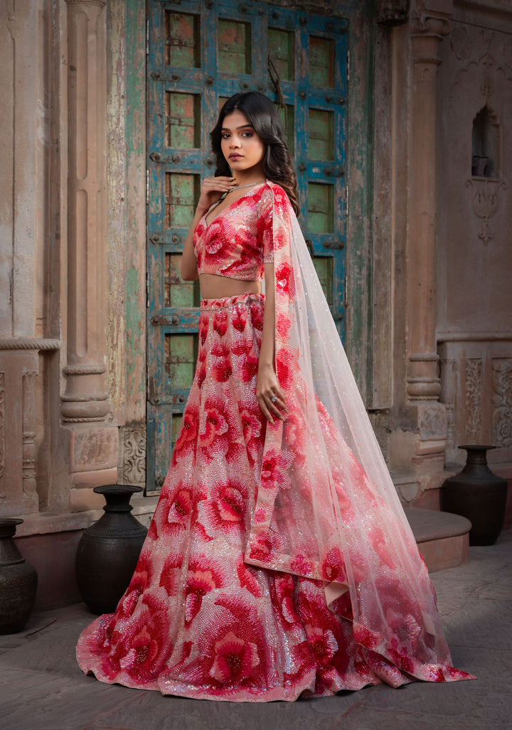 Flower Power Dazzling Lehenga with hand-embroidery in net, Customizable, Made to Order