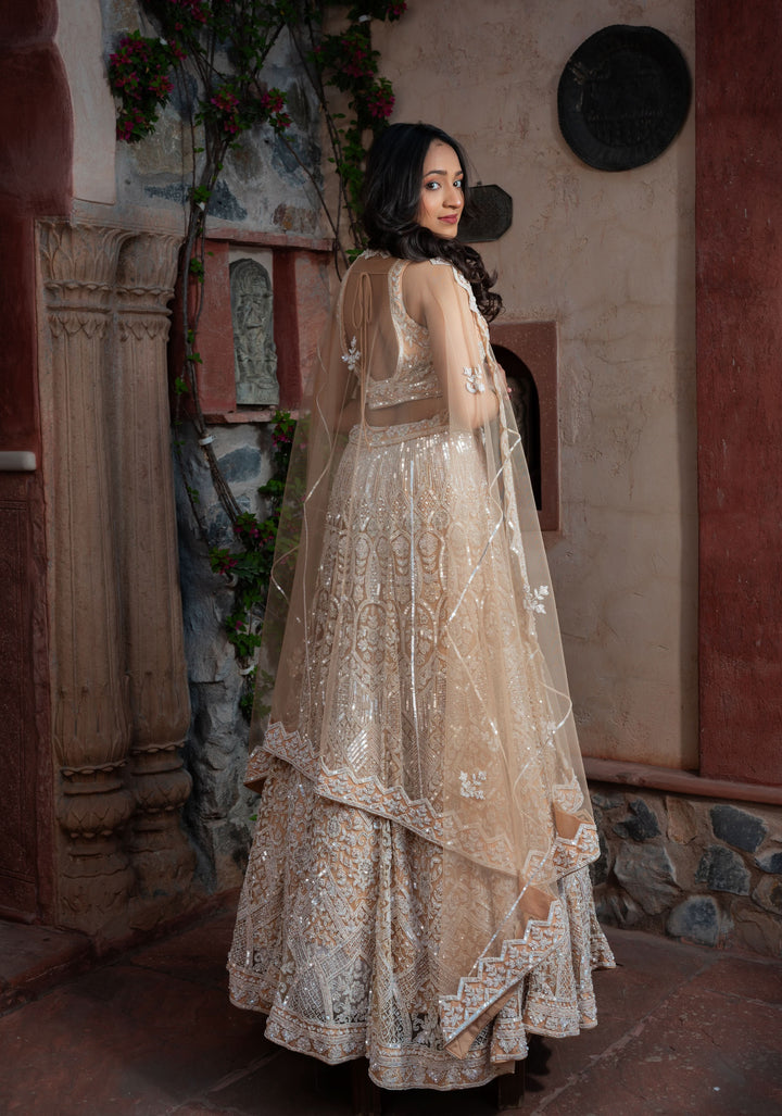 Exclusive Mystic Wedding Lehenga in Beige with embellishments on Net, Customizable, Made to Order