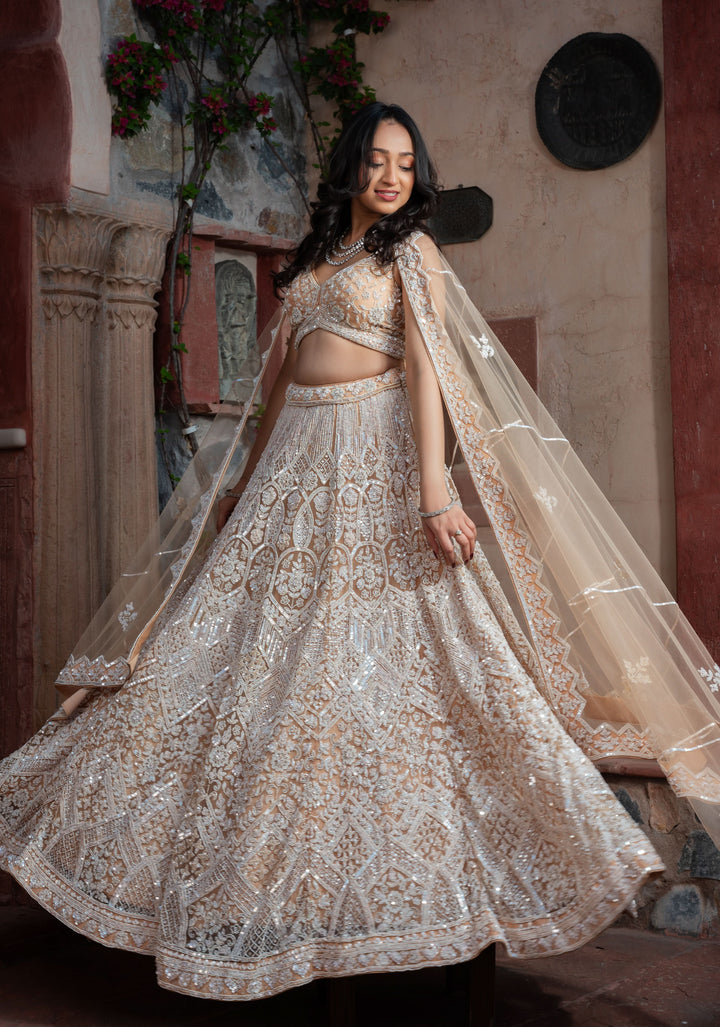 Exclusive Mystic Wedding Lehenga in Beige with embellishments on Net, Customizable, Made to Order