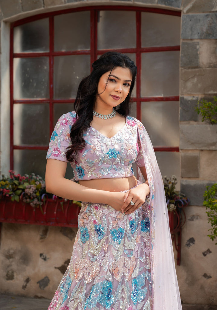 Radiance Pastel Lehenga with cancan, hand-embellishments in net, Customizable, Made to Order