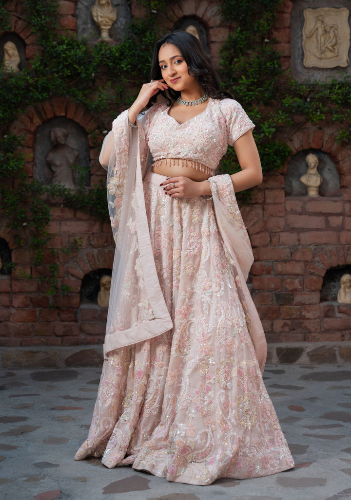 Exclusive Millennial Pink Lehenga with handwork in Net, Customizable, made to order