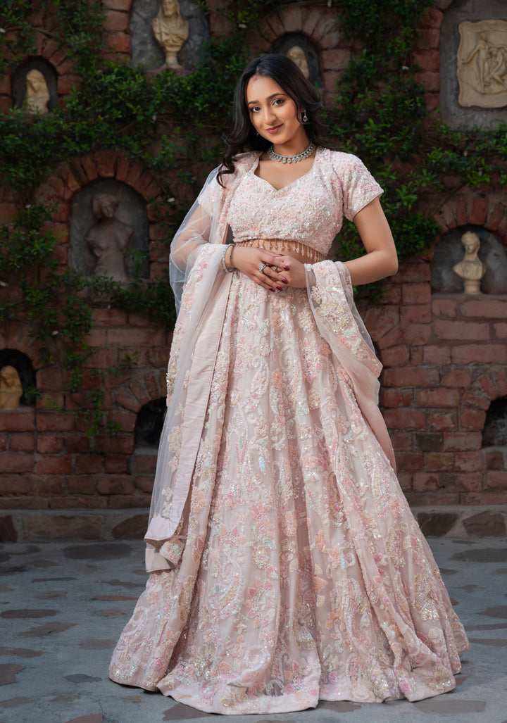 Exclusive Millennial Pink Lehenga with handwork in Net, Customizable, made to order