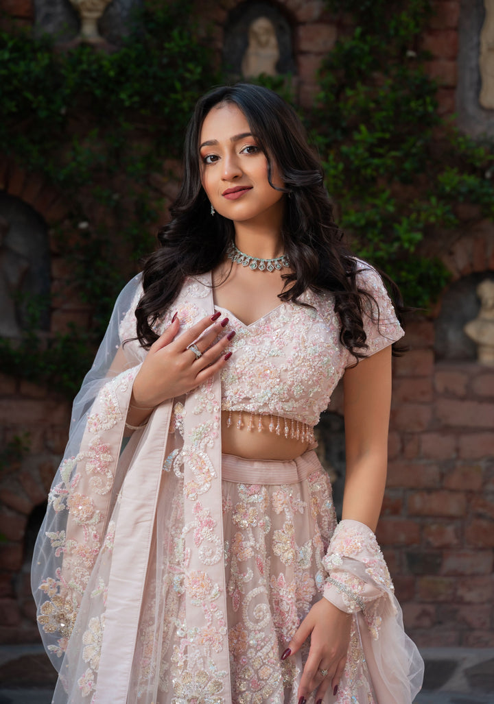 Exclusive Millennial Pink Lehenga with handwork in Net, Customizable, made to order