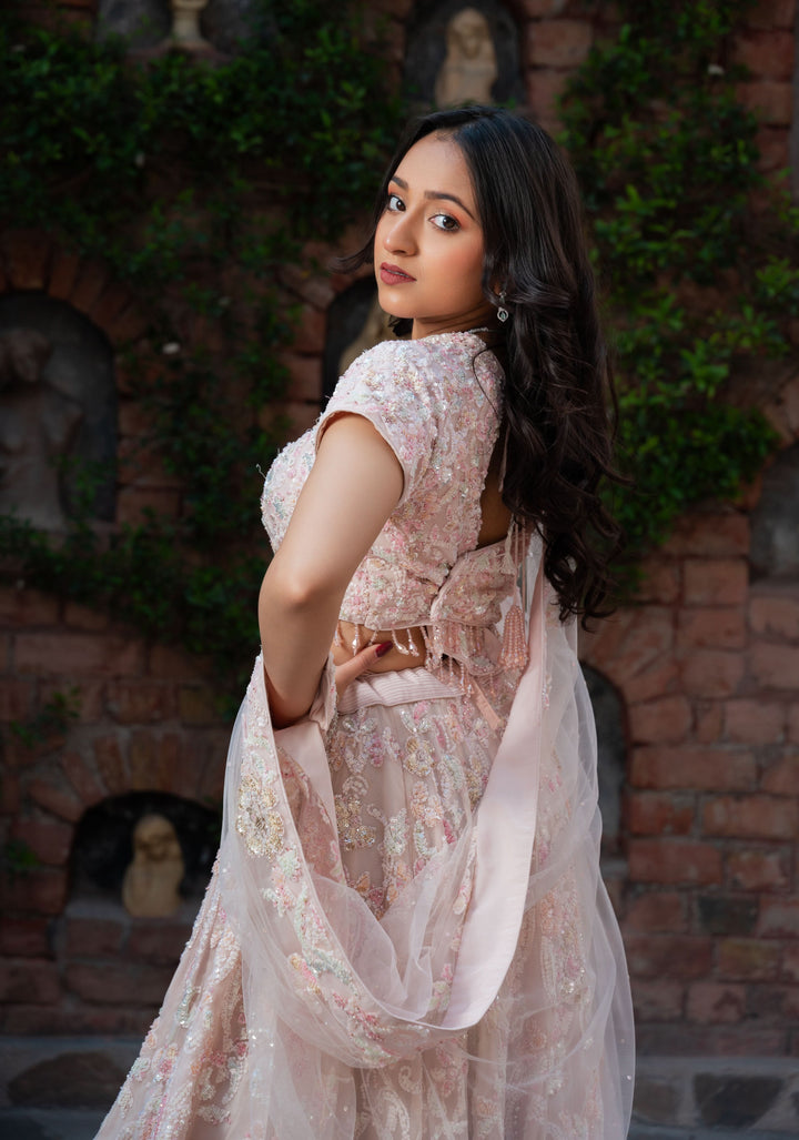 Exclusive Millennial Pink Lehenga with handwork in Net, Customizable, made to order
