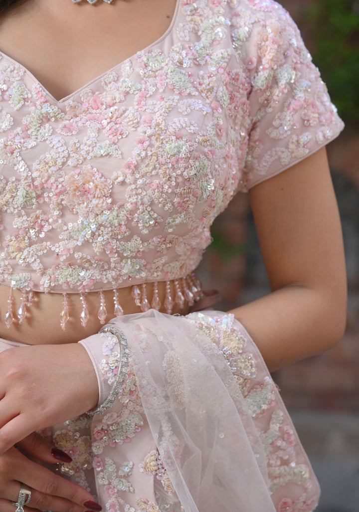 Exclusive Millennial Pink Lehenga with handwork in Net, Customizable, made to order