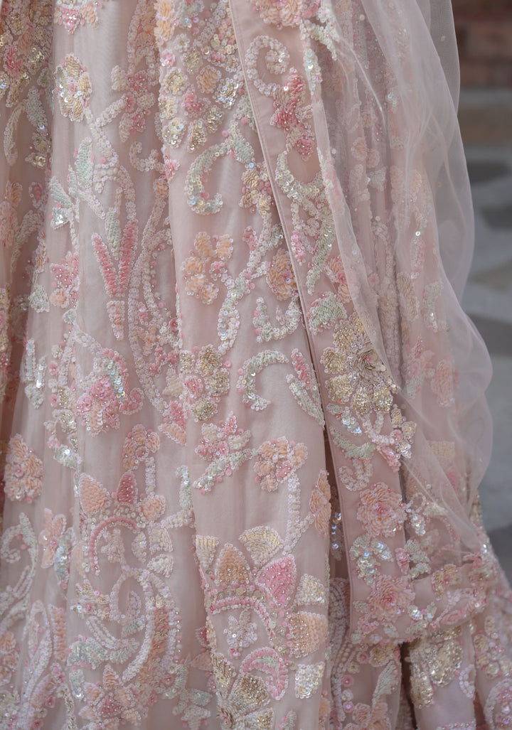Exclusive Millennial Pink Lehenga with handwork in Net, Customizable, made to order