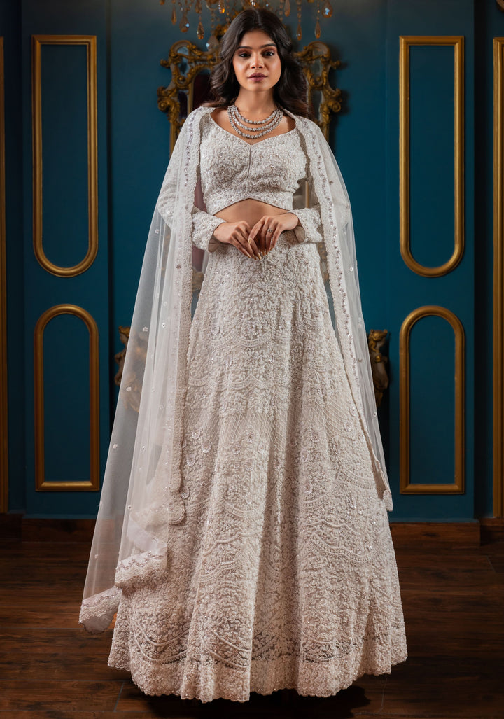 Modern Opulence Bridal Lehenga with hand-embroidery in Net, Customizable, Made to Order
