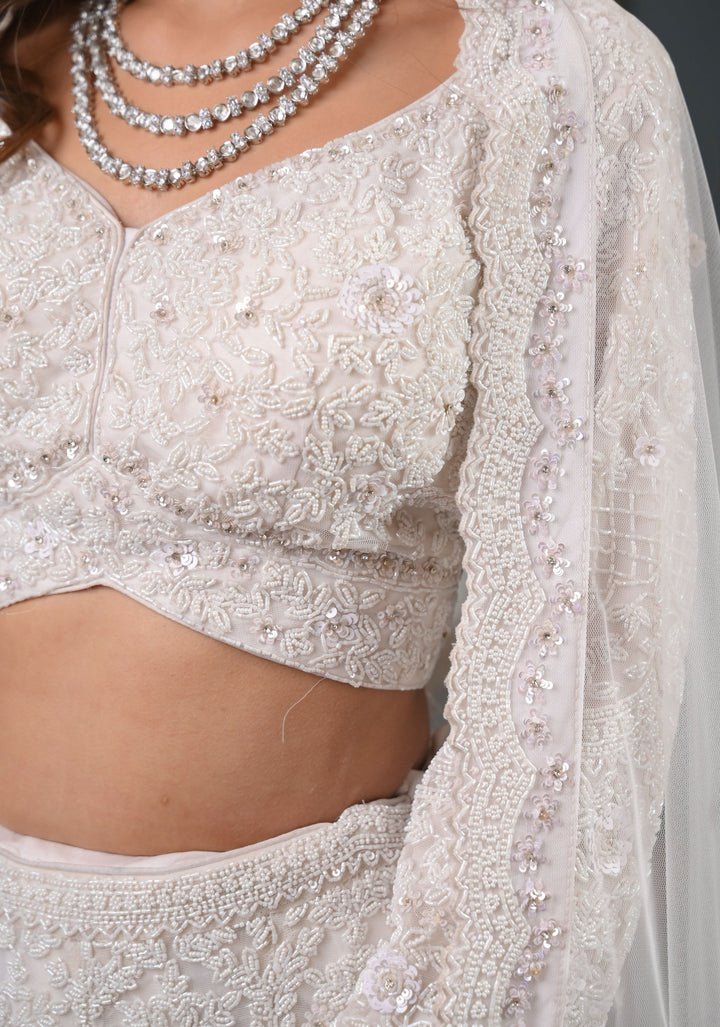 Modern Opulence Bridal Lehenga with hand-embroidery in Net, Customizable, Made to Order