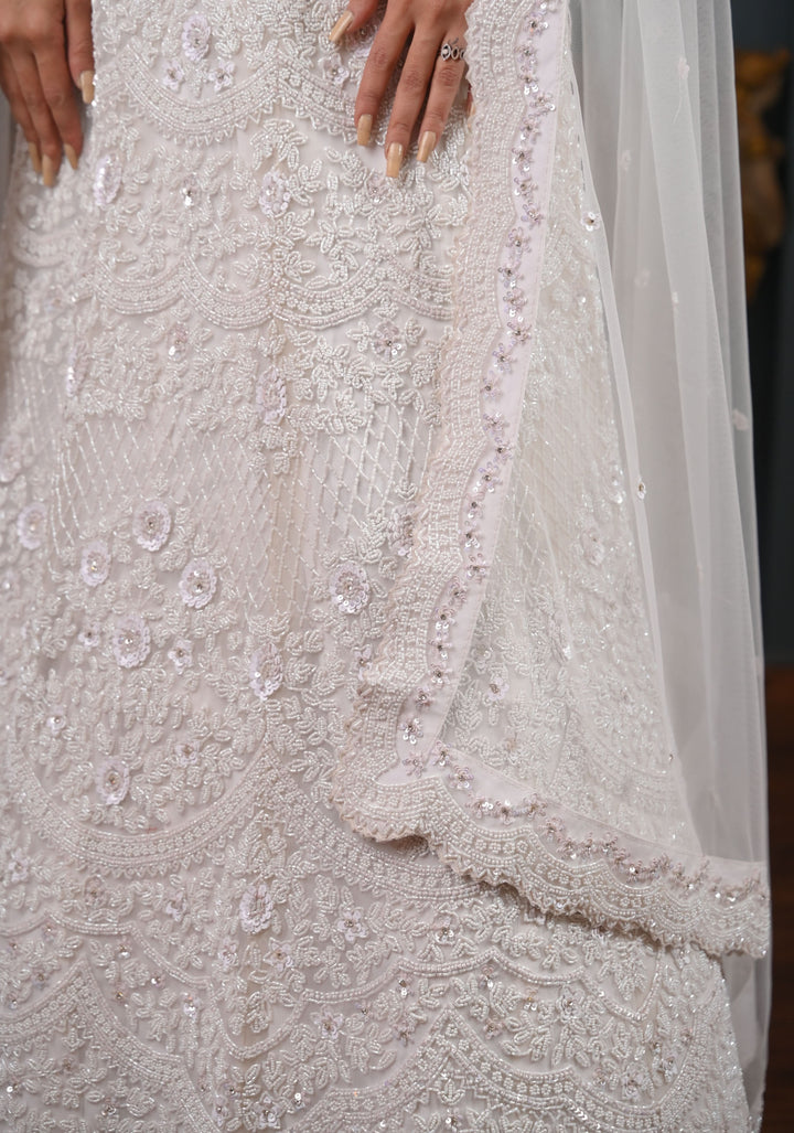 Modern Opulence Bridal Lehenga with hand-embroidery in Net, Customizable, Made to Order