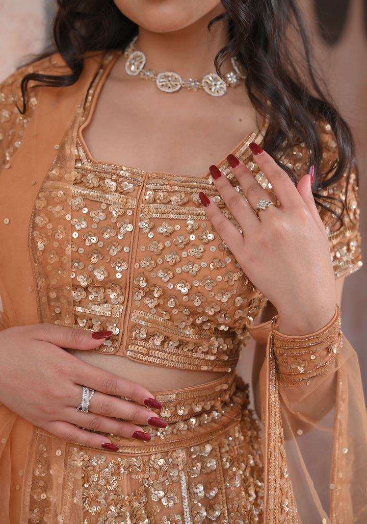 Exquisite Brown Lehenga with embellishments in net, Customizable, Made to Order