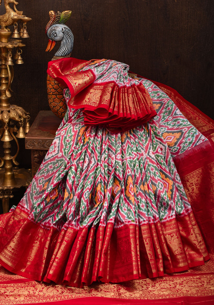 Ikkat Kanjivaram Fusion Silk Saree with Wide Zari Border | SILK MARK CERTIFIED