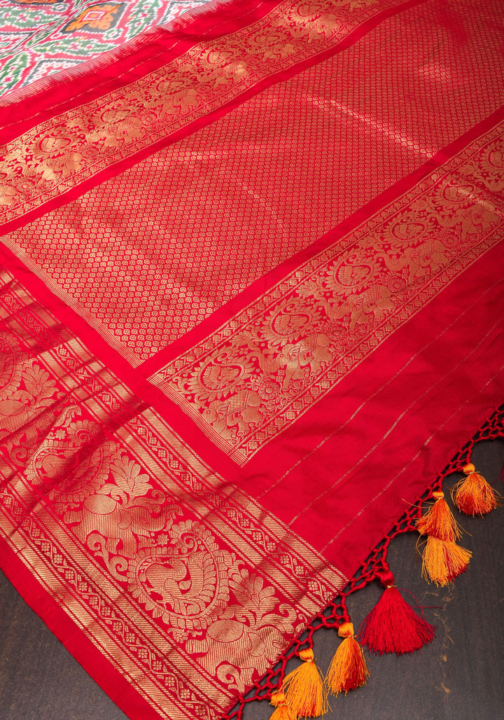 Ikkat Kanjivaram Fusion Silk Saree with Wide Zari Border | SILK MARK CERTIFIED